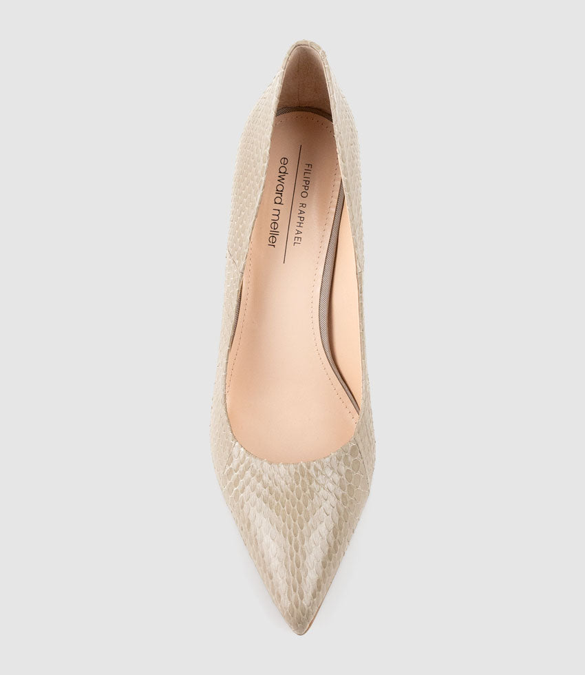 GAGA 100mm Pointed Toe Pump in Taupe Snake - Edward Meller