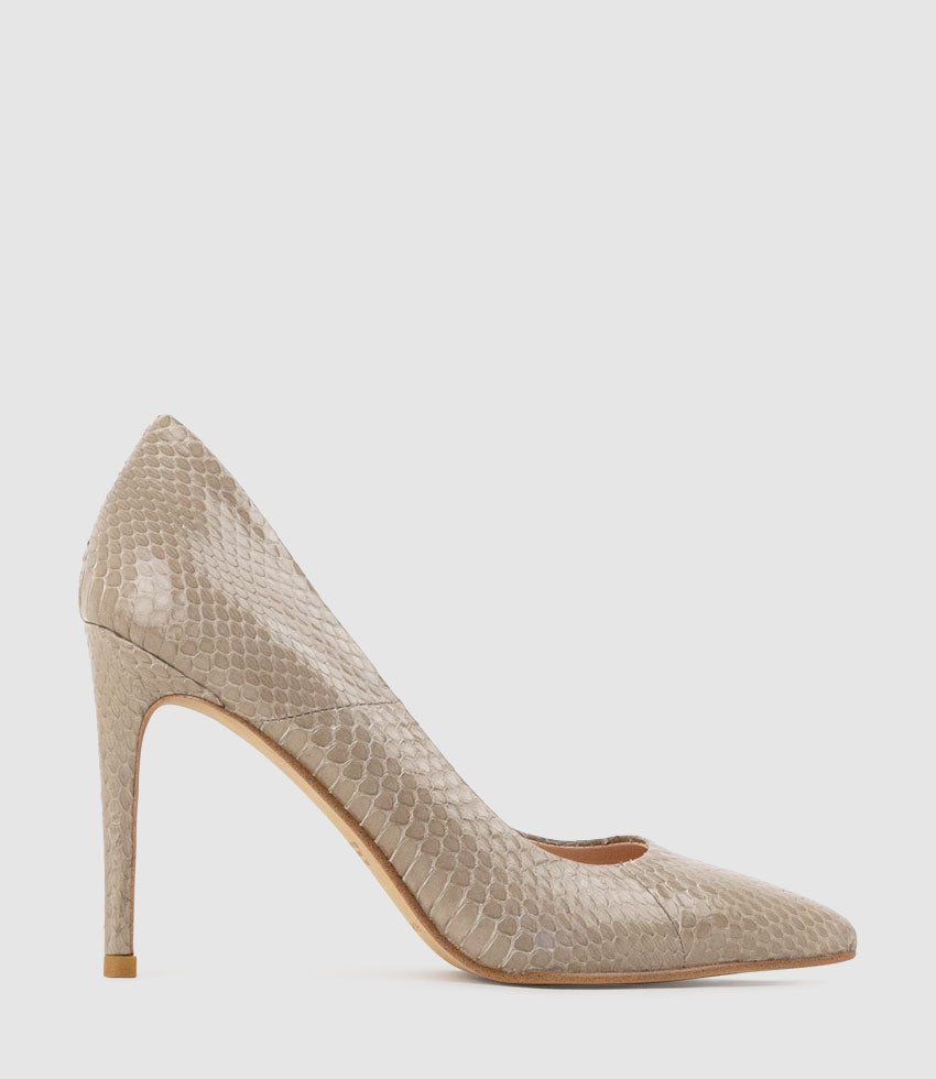 GAGA 100mm Pointed Toe Pump in Taupe Snake - Edward Meller