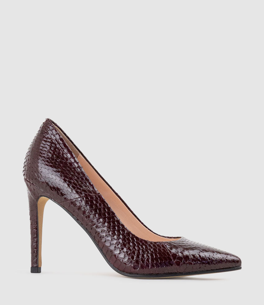 GAGA 100mm Pointed Toe Pump in Wine Snake - Edward Meller