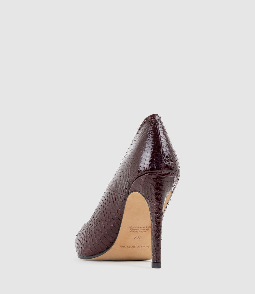 GAGA 100mm Pointed Toe Pump in Wine Snake - Edward Meller