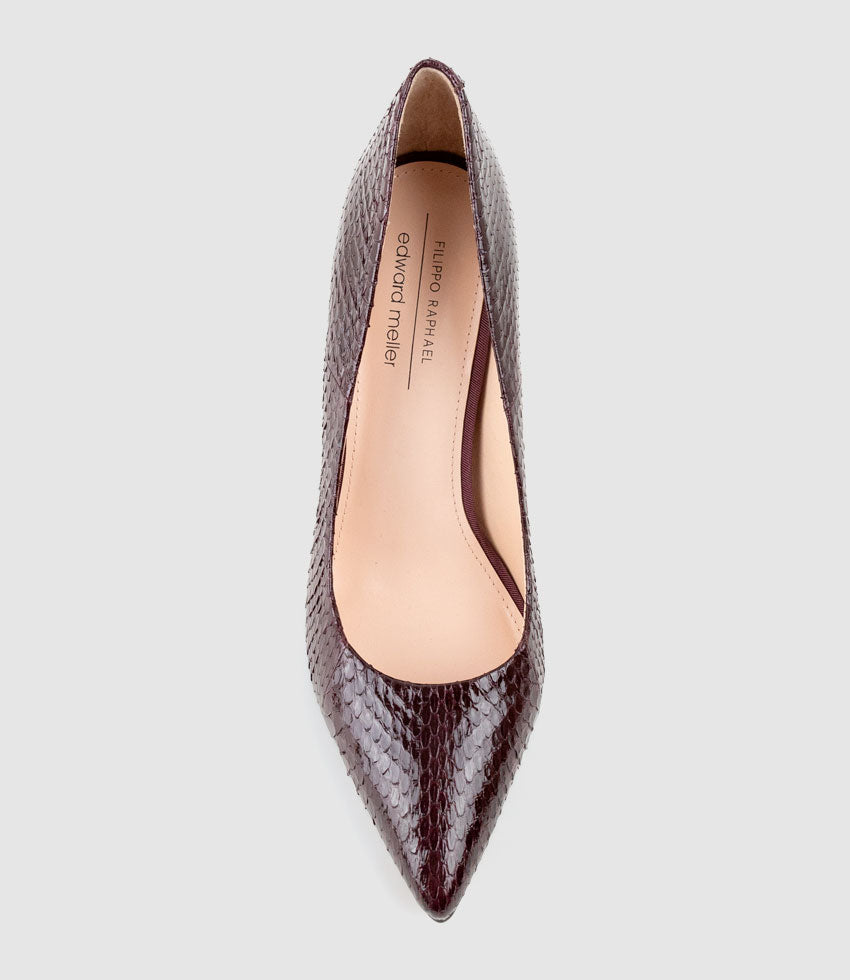 GAGA 100mm Pointed Toe Pump in Wine Snake - Edward Meller