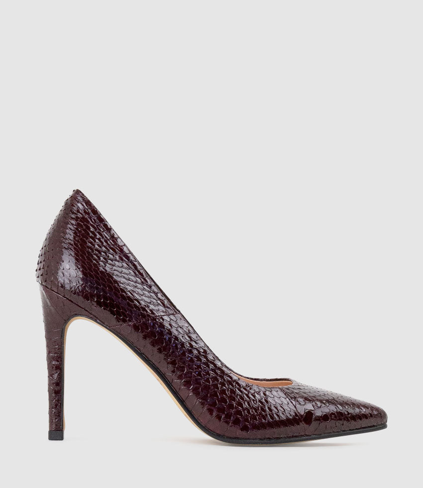 GAGA 100mm Pointed Toe Pump in Wine Snake - Edward Meller