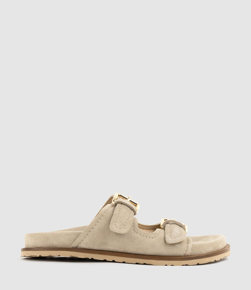 KALIN Two Strap Slide on Footbed in Natural Suede  - Edward Meller