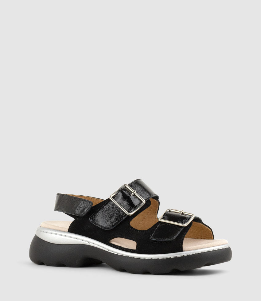 LANETTE Two Strap Comfort Sandal in Black Suede