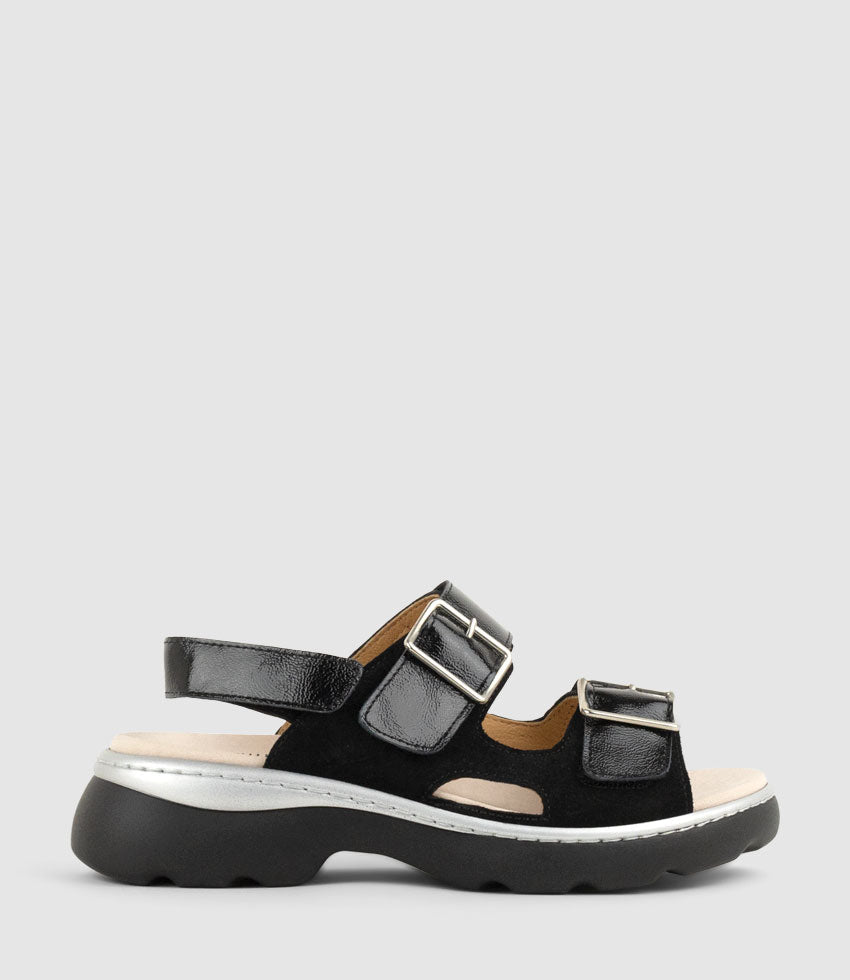 LANETTE Two Strap Comfort Sandal in Black Suede