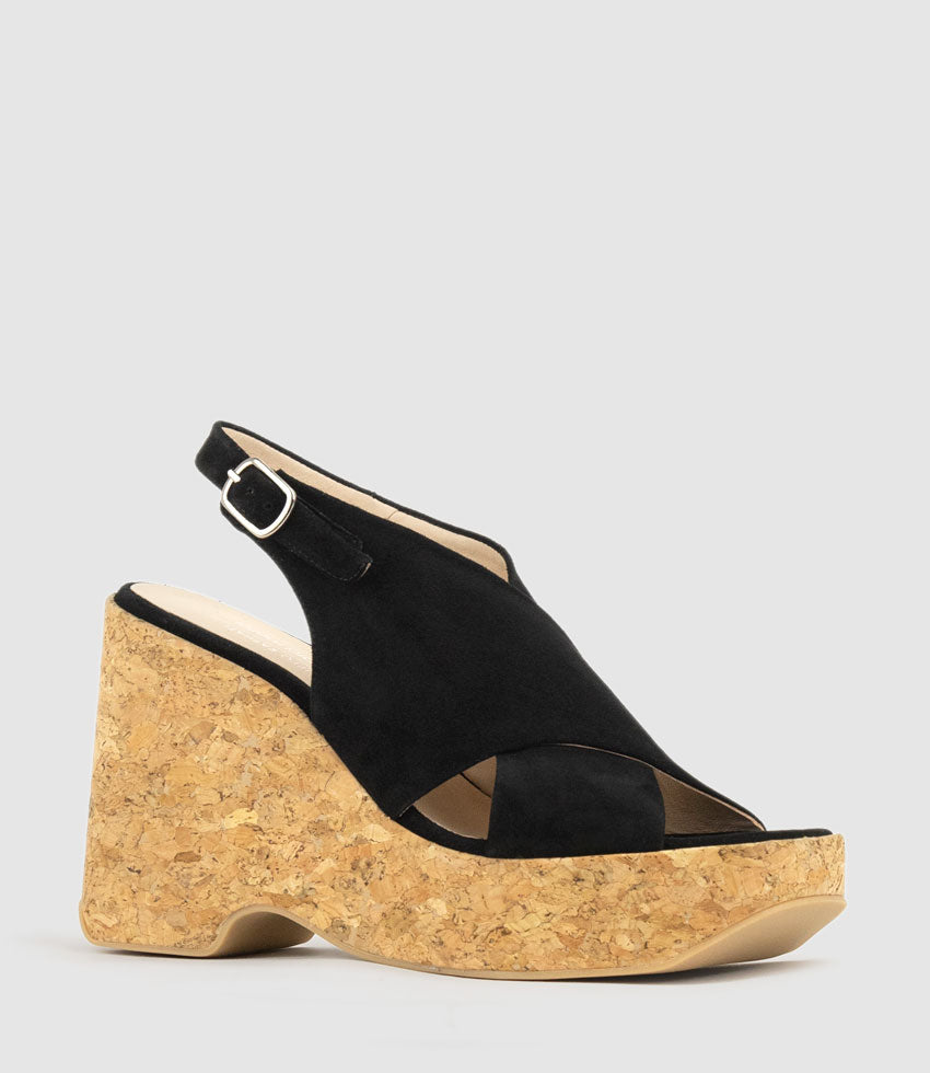 LATINE Crossover Sandal on Cork Unit in Black Suede - Edward Meller