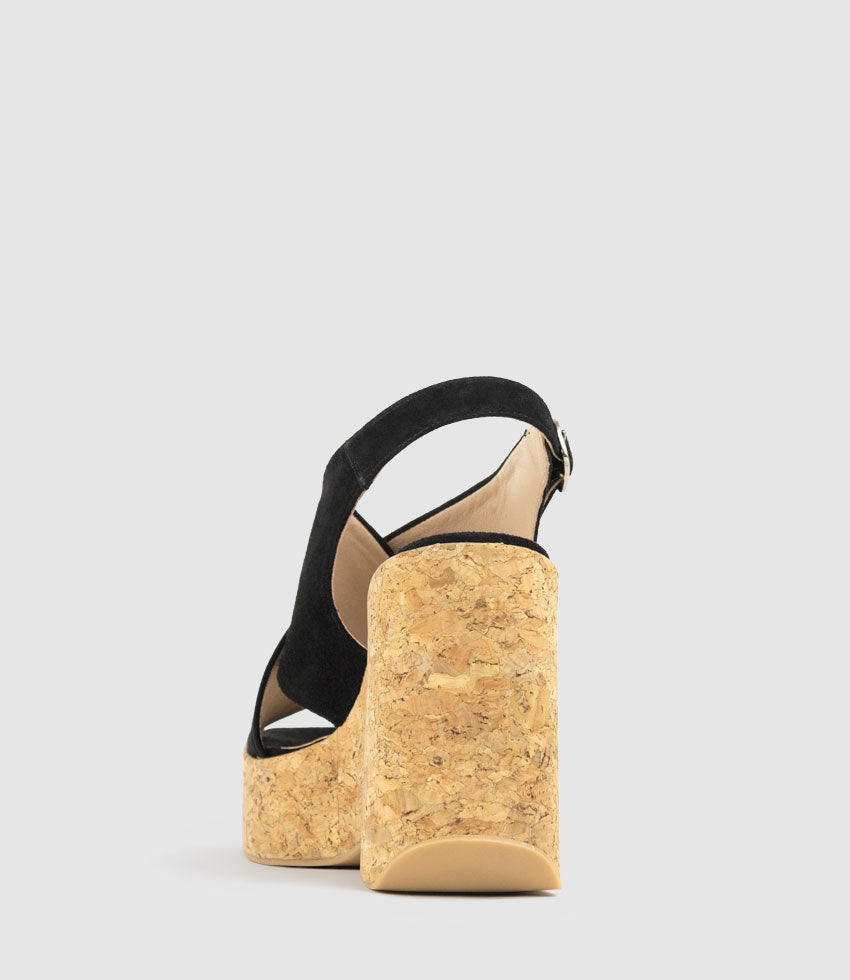 LATINE Crossover Sandal on Cork Unit in Black Suede - Edward Meller