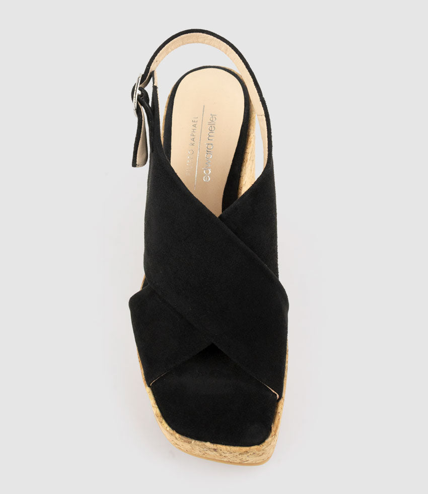 LATINE Crossover Sandal on Cork Unit in Black Suede - Edward Meller