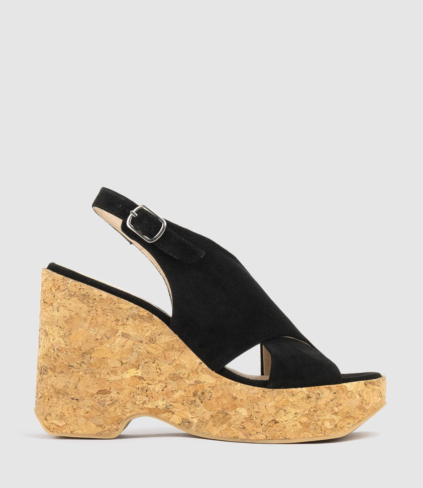 LATINE Crossover Sandal on Cork Unit in Black Suede - Edward Meller