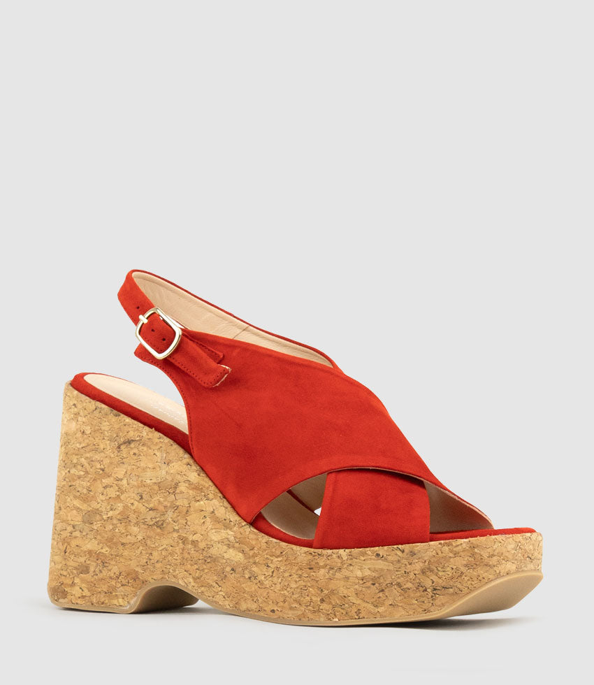 LATINE Crossover Sandal on Cork Unit in Red Suede - Edward Meller