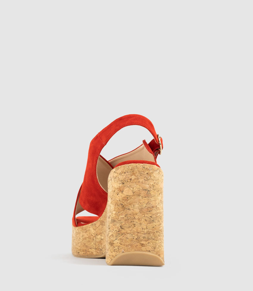 LATINE Crossover Sandal on Cork Unit in Red Suede - Edward Meller