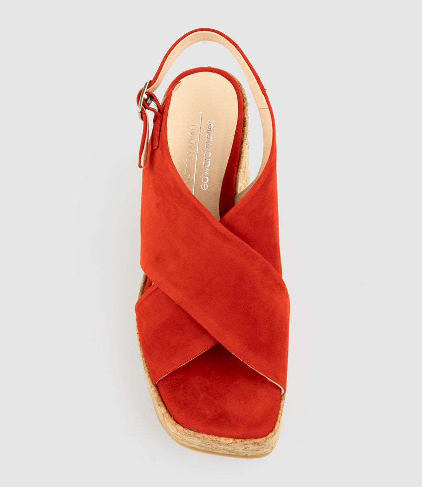 LATINE Crossover Sandal on Cork Unit in Red Suede - Edward Meller