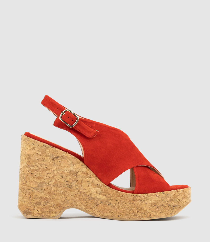 LATINE Crossover Sandal on Cork Unit in Red Suede - Edward Meller