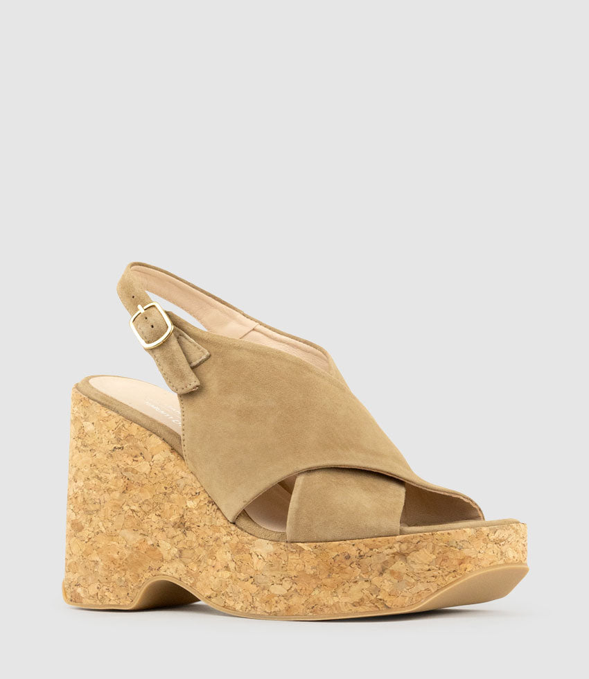 LATINE Crossover Sandal on Cork Unit in Tan Suede - Edward Meller