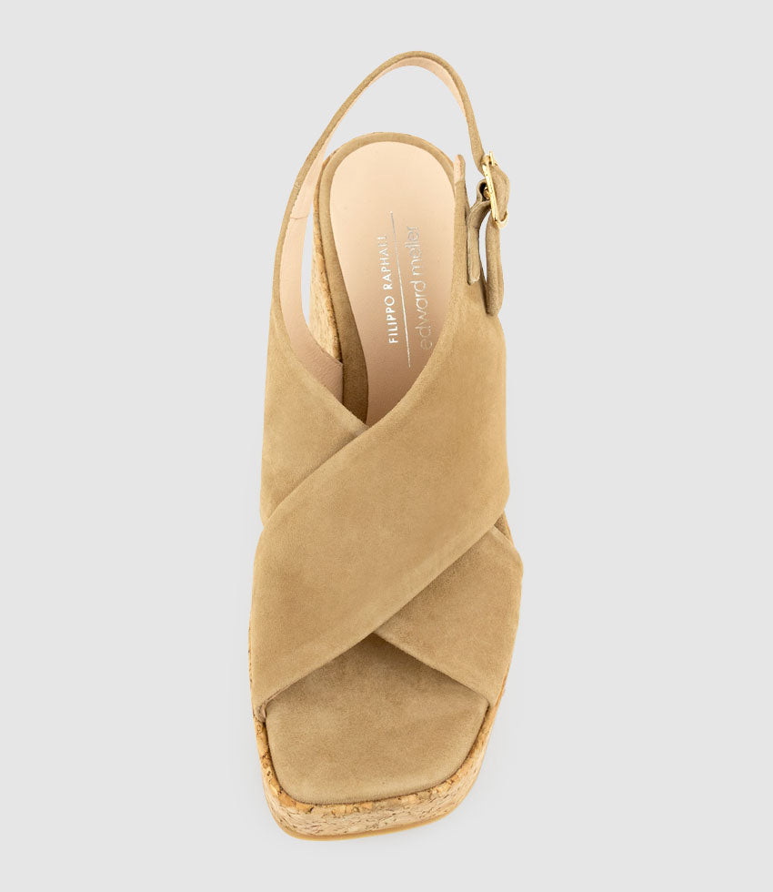 LATINE Crossover Sandal on Cork Unit in Tan Suede - Edward Meller