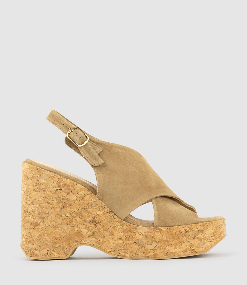 LATINE Crossover Sandal on Cork Unit in Tan Suede - Edward Meller