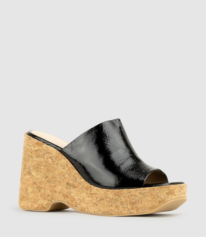 LAVERN Slide on Cork Unit in Black Crinkle Patent - Edward Meller