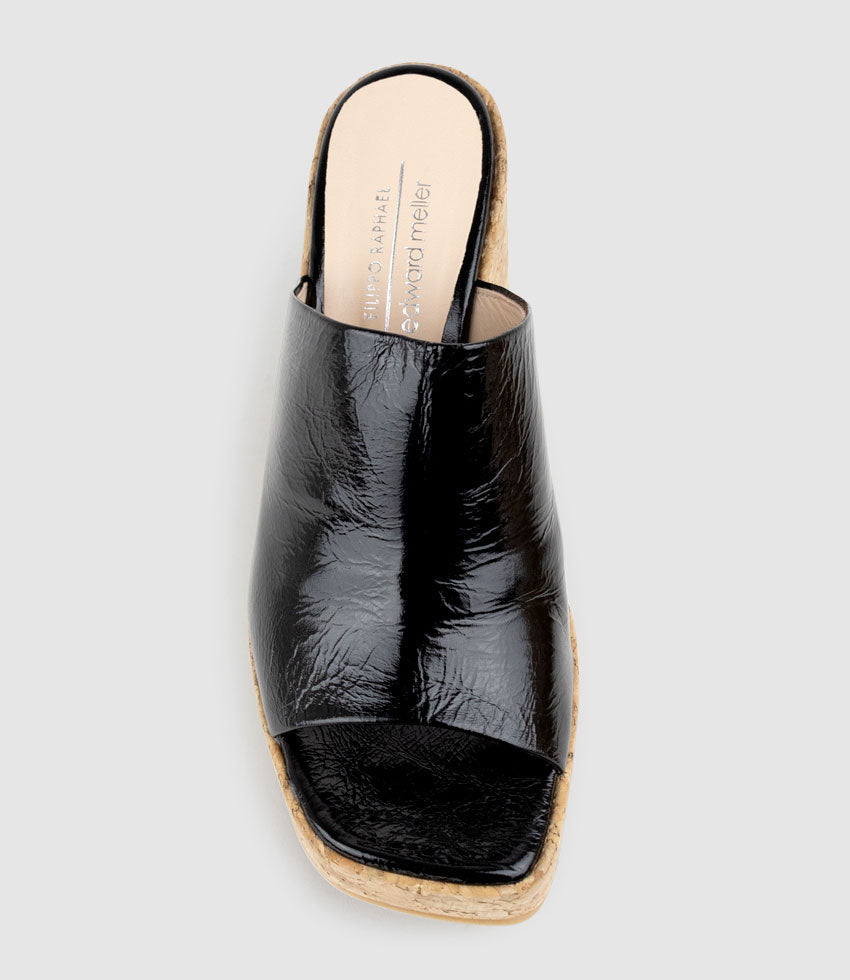 LAVERN Slide on Cork Unit in Black Crinkle Patent - Edward Meller