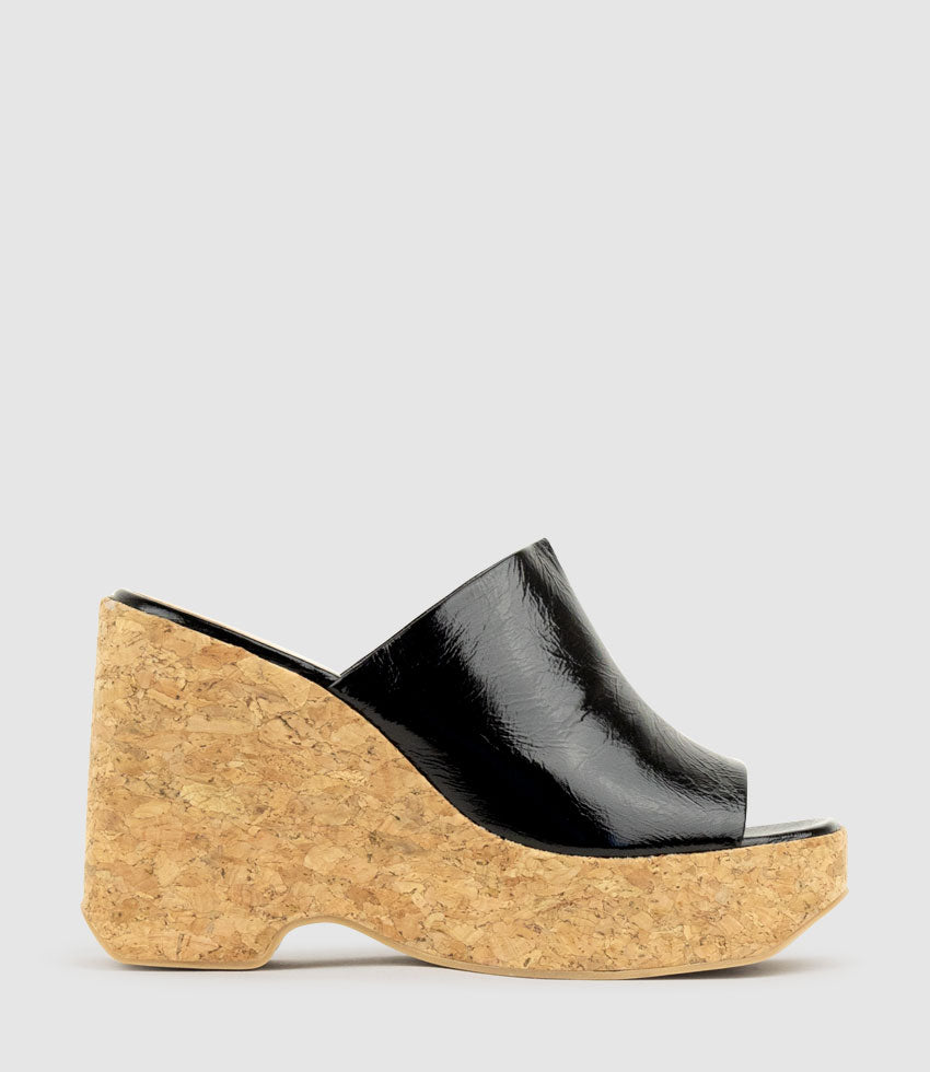 LAVERN Slide on Cork Unit in Black Crinkle Patent - Edward Meller