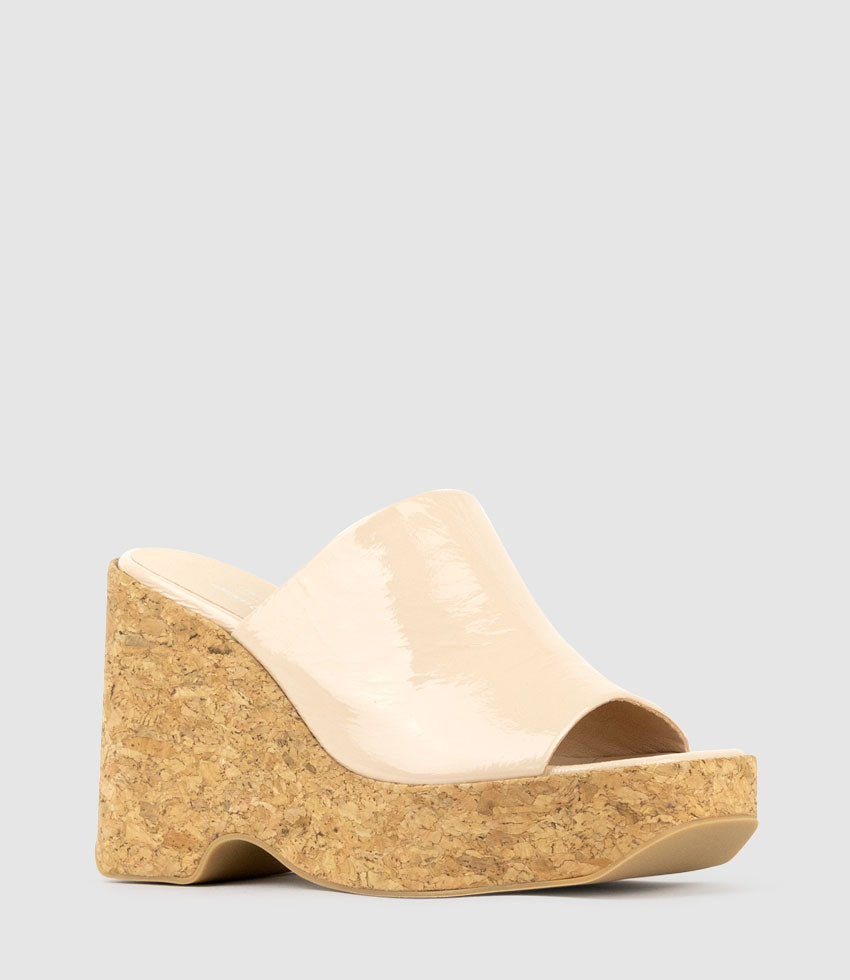 LAVERN Slide on Cork Unit in Nude Crinkle Patent - Edward Meller