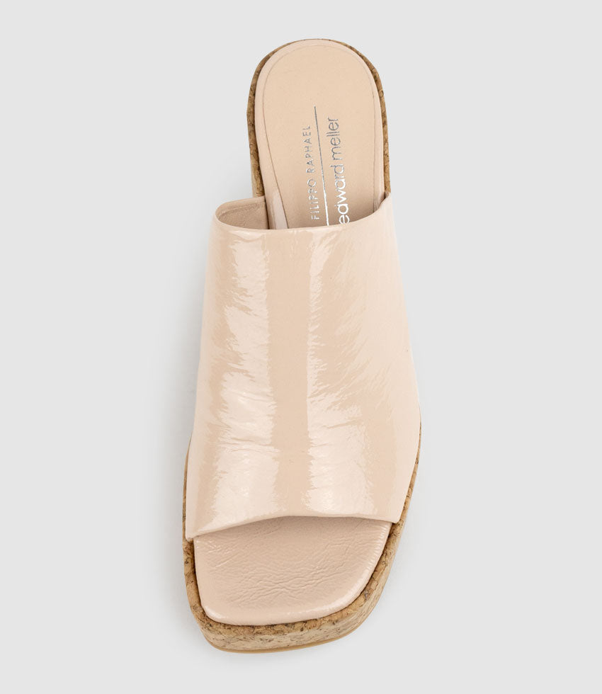 LAVERN Slide on Cork Unit in Nude Crinkle Patent - Edward Meller