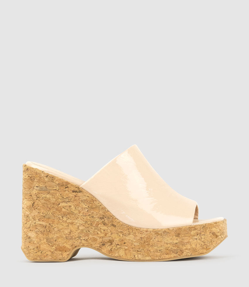 LAVERN Slide on Cork Unit in Nude Crinkle Patent - Edward Meller