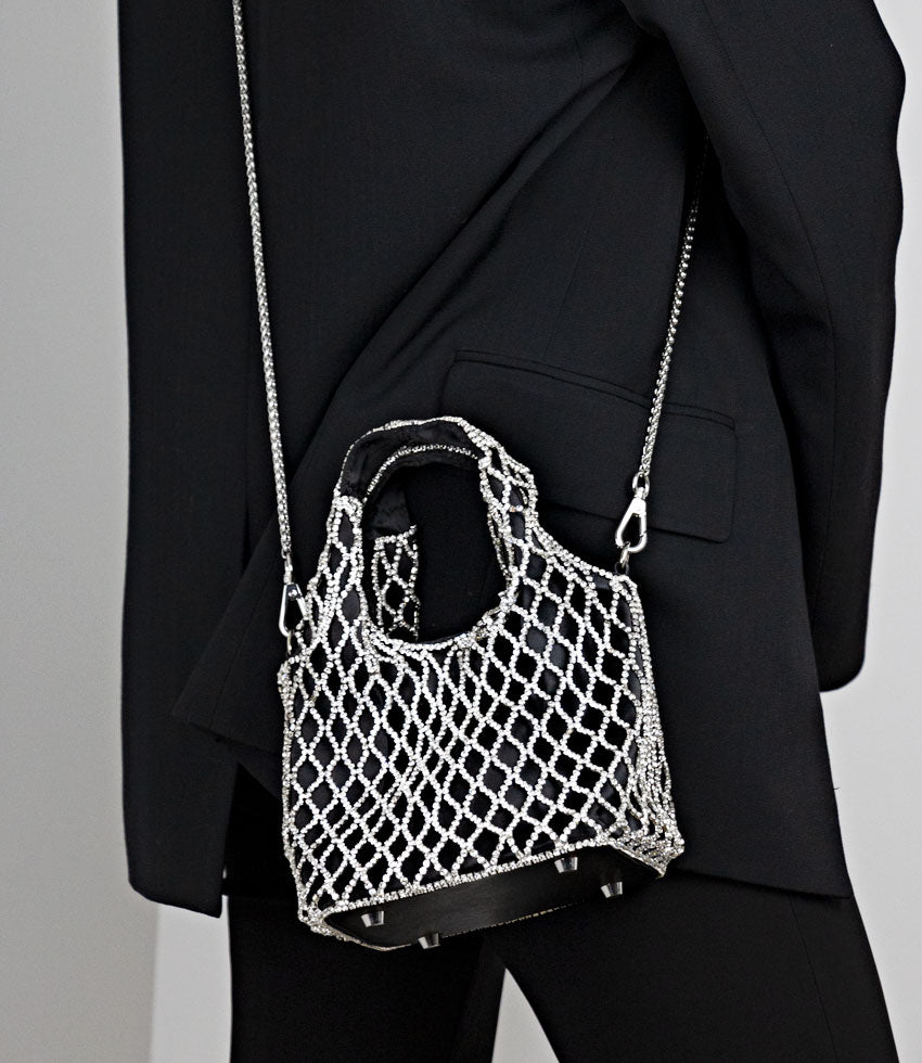 NALIA Crystal Lattice Bag in Black Satin