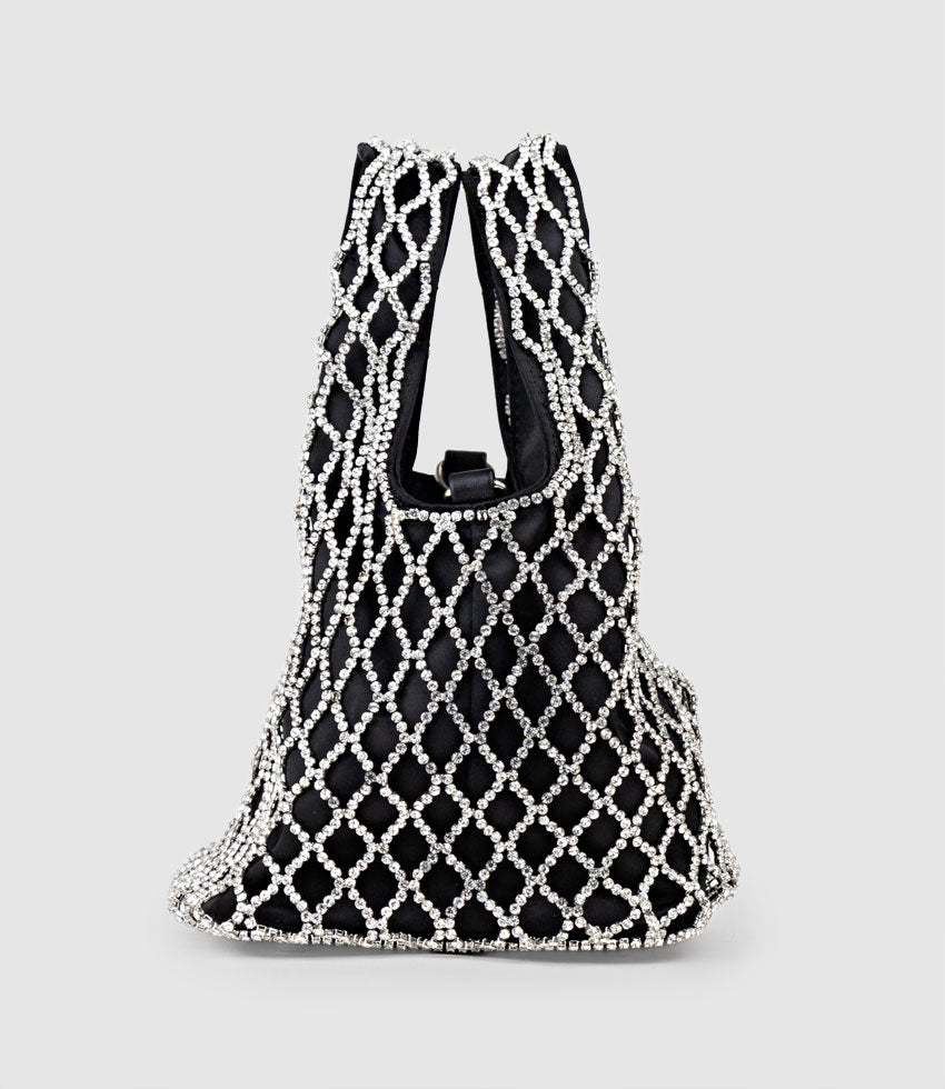 NALIA Crystal Lattice Bag in Black Satin