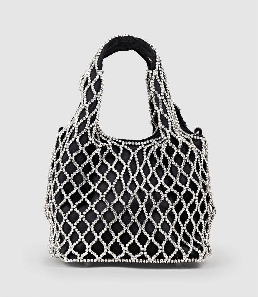 NALIA Crystal Lattice Bag in Black Satin