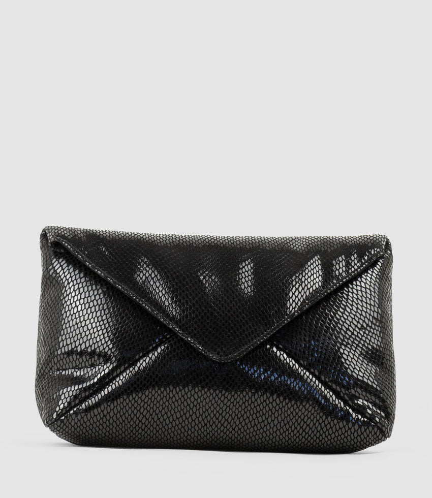 NERYS Envelope Clutch in Black Snake Suede - Edward Meller