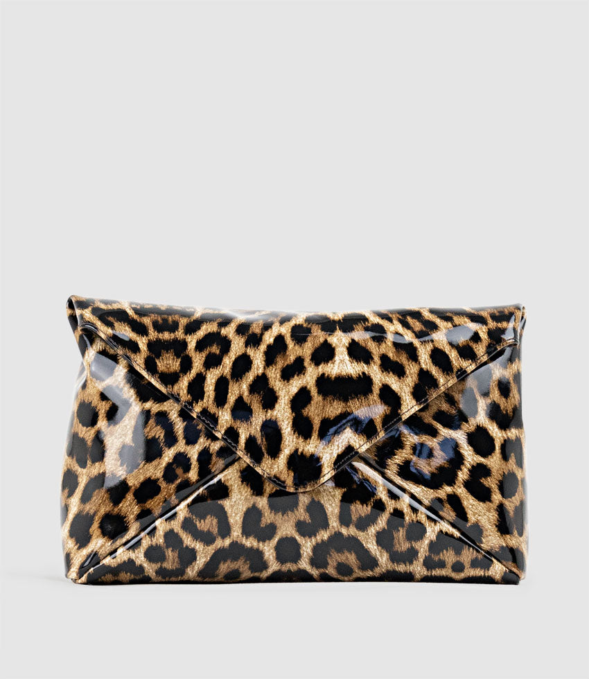 NERYS Envelope Clutch in Leopard Patent - Edward Meller