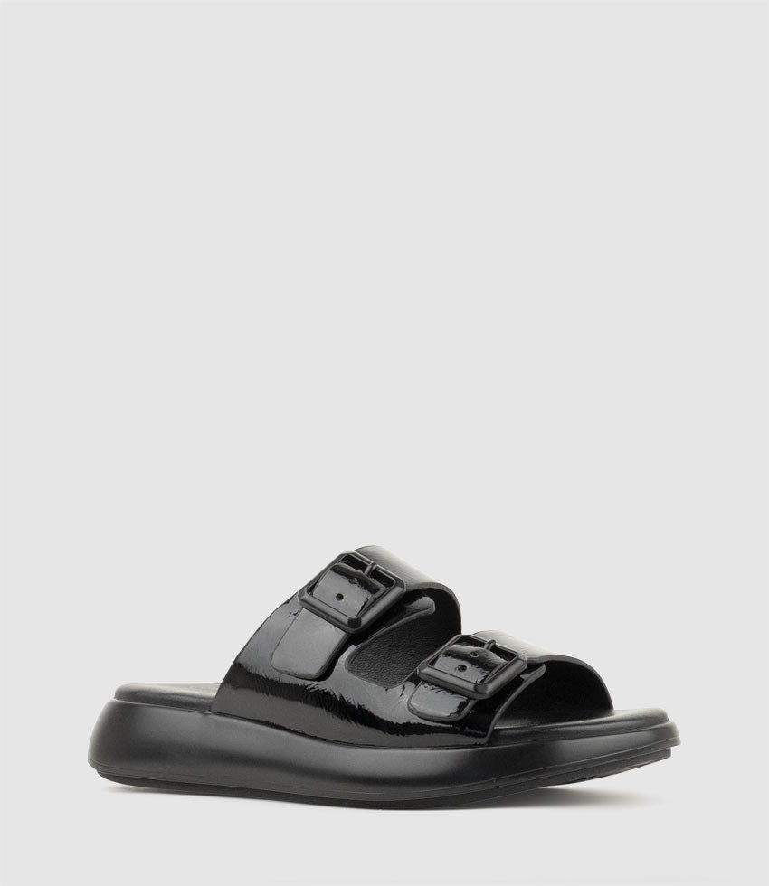 OSAKA Two Strap Slide on Unit in Black Crinkle Patent - Edward Meller