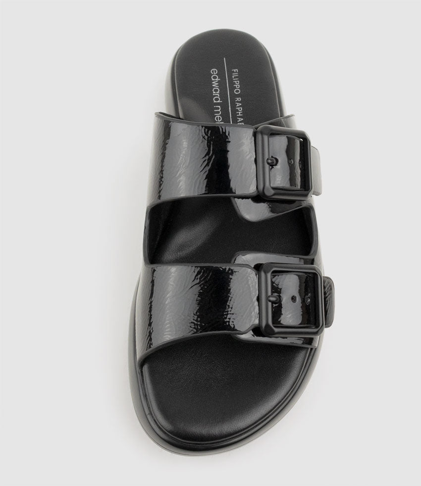 OSAKA Two Strap Slide on Unit in Black Crinkle Patent - Edward Meller