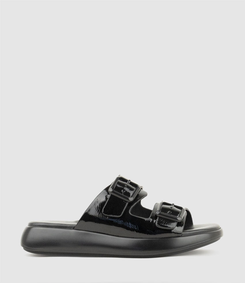 OSAKA Two Strap Slide on Unit in Black Crinkle Patent - Edward Meller