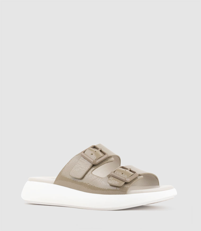 OSAKA Two Strap Slide on Unit in Taupe Crinkle Patent - Edward Meller