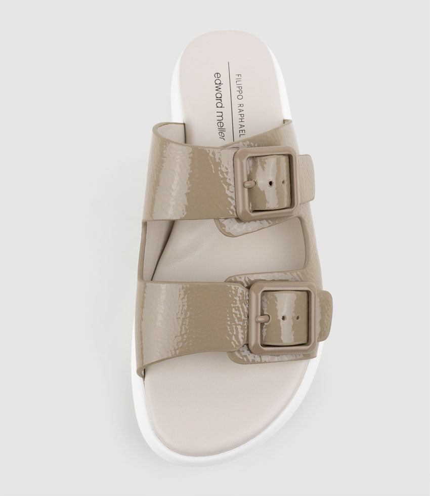 OSAKA Two Strap Slide on Unit in Taupe Crinkle Patent - Edward Meller