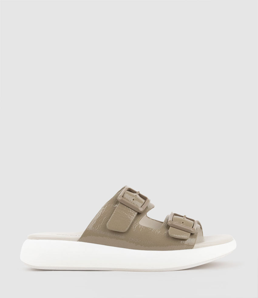 OSAKA Two Strap Slide on Unit in Taupe Crinkle Patent - Edward Meller