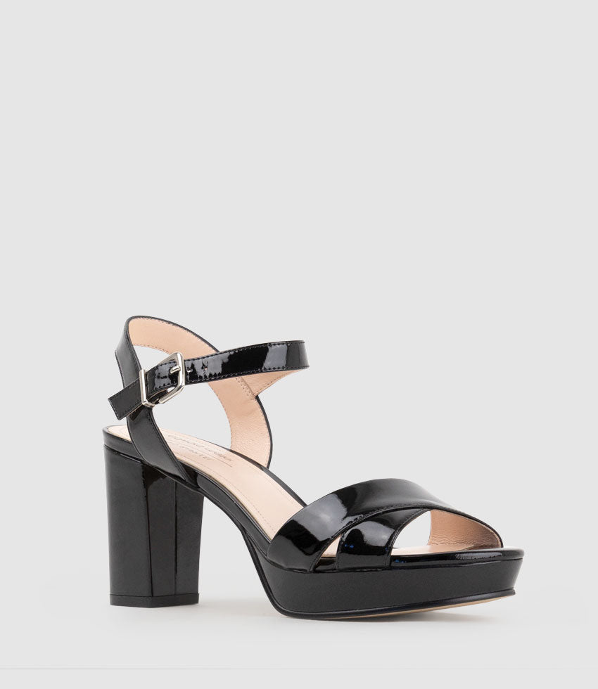 ROWAN80 Asymmetrical Platform Sandal in Black Patent - Edward Meller