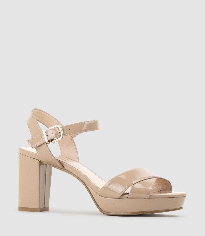 ROWAN80 Asymmetrical Platform Sandal in Nude Patent - Edward Meller