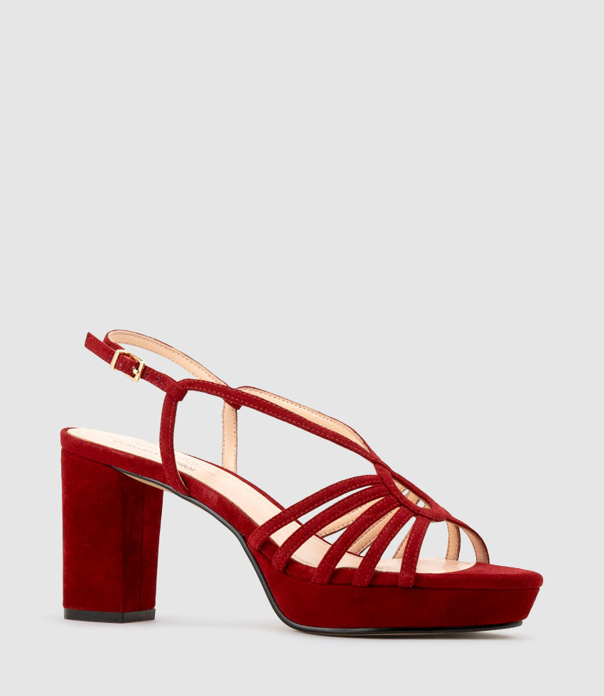 RYLEE80 Strappy Platform Sandal in Cherry Suede - Edward Meller