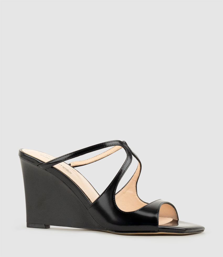 SENSO90 Strappy Slide on Wedge in Black High Shine - Edward Meller