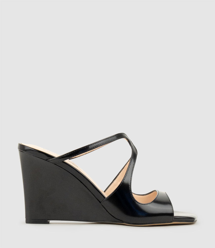 SENSO90 Strappy Slide on Wedge in Black High Shine - Edward Meller