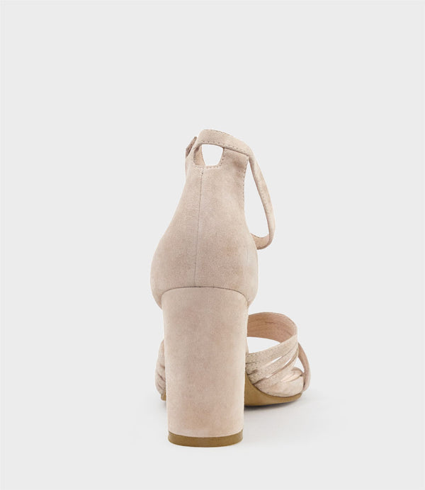 KARINA85 Multistrap Block Heel Sandal in Blush Suede - Edward Meller